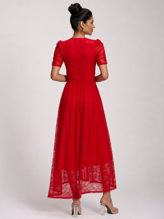 Lace Ruched Sleeve Dip Hem Maxi Dress, Scarlet Red