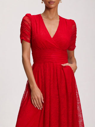 Lace Ruched Sleeve Dip Hem Maxi Dress, Scarlet Red