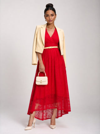 Lace Ruched Sleeve Dip Hem Maxi Dress, Scarlet Red