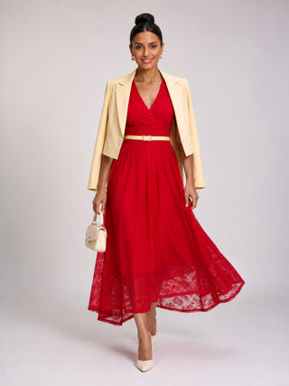 Lace Ruched Sleeve Dip Hem Maxi Dress, Scarlet Red