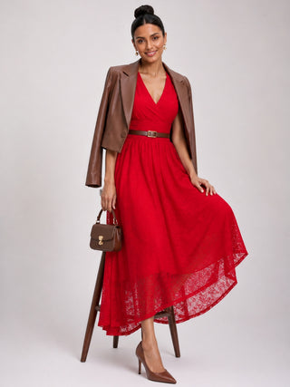 Lace Ruched Sleeve Dip Hem Maxi Dress, Scarlet Red