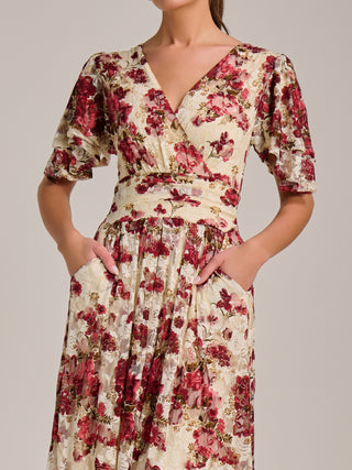 Angel Sleeve Print Lace Maxi Dress, Beige Floral