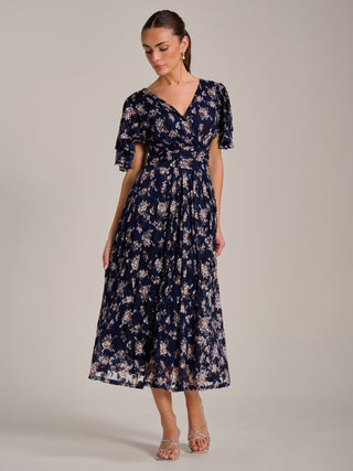 Angel Sleeve Print Lace Maxi Dress, Navy Floral