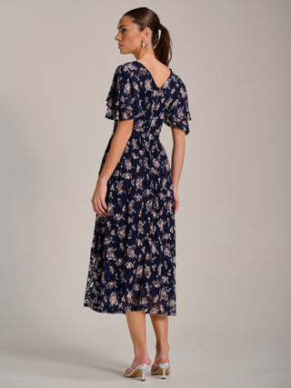 Angel Sleeve Print Lace Maxi Dress, Navy Floral