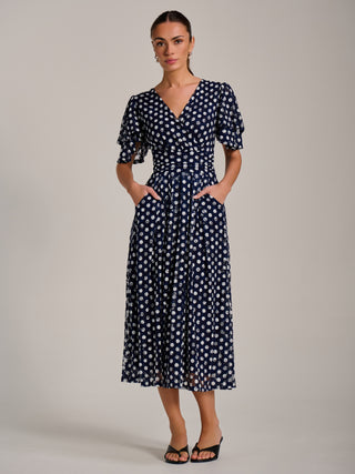 Angel Sleeve Print Lace Maxi Dress, Navy Spot