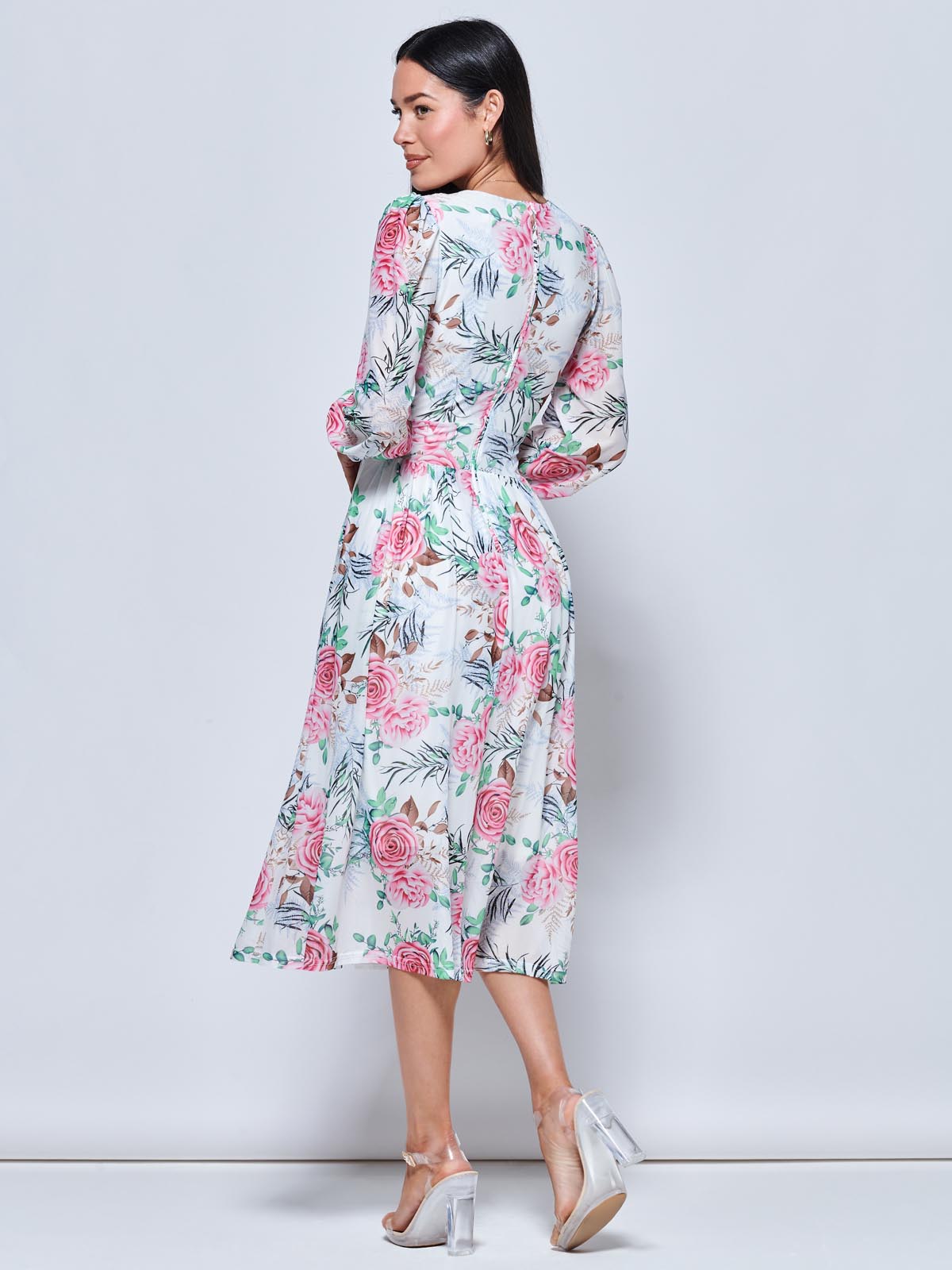Floral Print Long Sleeve Mesh Midi Dress