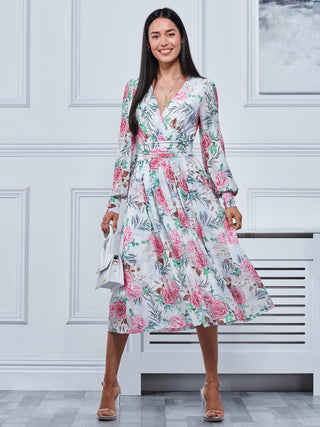 Floral Print Long Sleeve Mesh Midi Dress