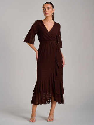 Textured Ruffle Hem Knitted Maxi Dress, Brown