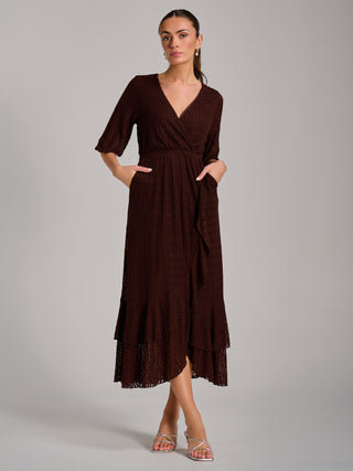 Textured Ruffle Hem Knitted Maxi Dress, Brown