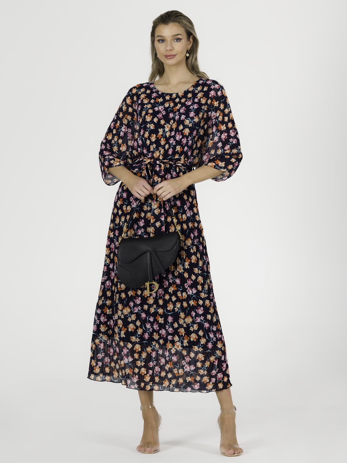 Chiffon Pleated Batwing Sleeve Maxi Dress, Navy Floral