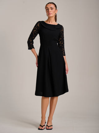 Roll Neck Lace Sleeve Fit & Flare Midi Dress, Black