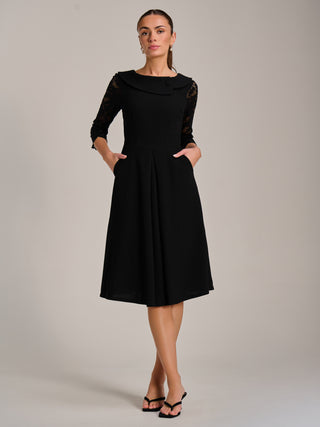 Roll Neck Lace Sleeve Fit & Flare Midi Dress, Black