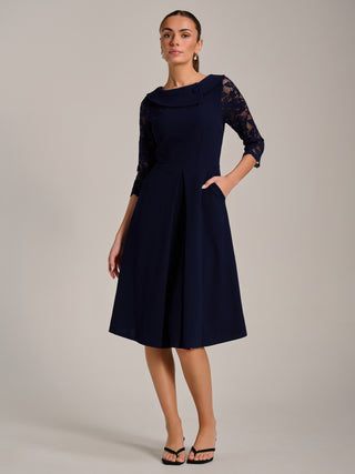 Roll Neck Lace Sleeve Fit & Flare Midi Dress, Navy