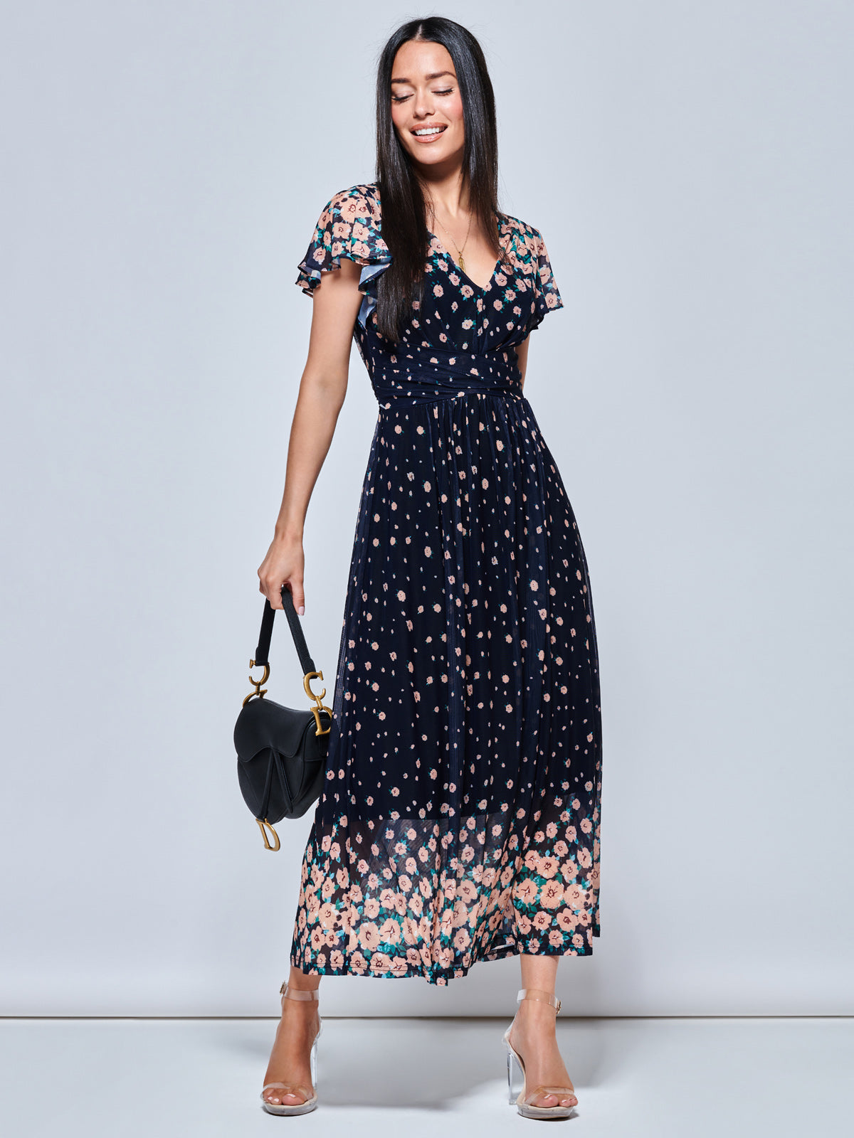 Mably Mirror Print Maxi Mesh Dress, Navy Floral