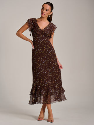 Ruffle V Neckline Chiffon Midaxi Dress, Brown Multi