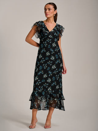 Ruffle V Neckline Chiffon Midaxi Dress, Navy Multi