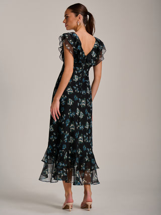 Ruffle V Neckline Chiffon Midaxi Dress, Navy Multi