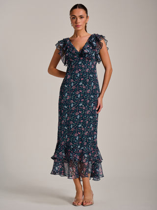 Ruffle V Neckline Chiffon Midaxi Dress, Teal Multi