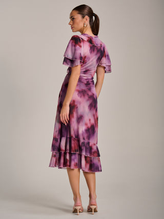 Ruffle Detail Ruched Mesh Midaxi Dress, Pink Abstract