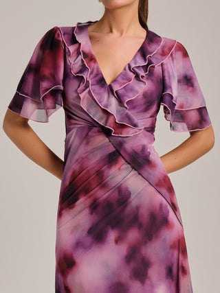 Ruffle Detail Ruched Mesh Midaxi Dress, Pink Abstract