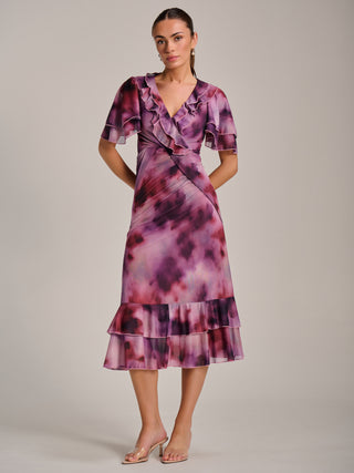 Ruffle Detail Ruched Mesh Midaxi Dress, Pink Abstract