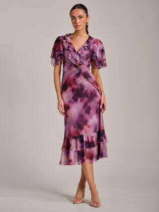 Ruffle Detail Ruched Mesh Midaxi Dress, Pink Abstract