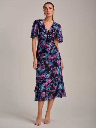Ruffle Detail Ruched Mesh Midaxi Dress, Purple Multi