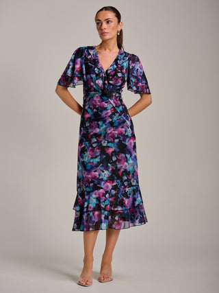 Ruffle Detail Ruched Mesh Midaxi Dress, Purple Multi