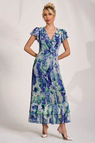 Ruffle V-Neck Mesh Maxi Dress, Blue Abstract