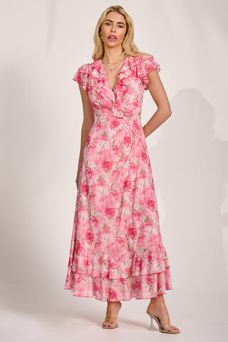 Ruffle V-Neck Mesh Maxi Dress, Pink Floral