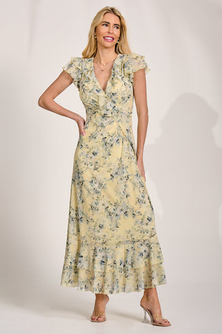 Ruffle V-Neck Mesh Maxi Dress, Yellow Floral