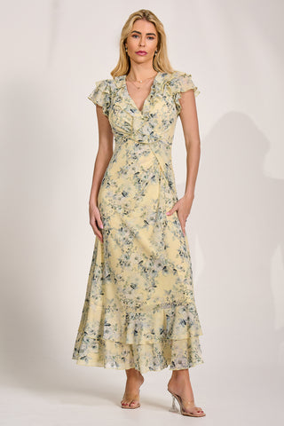 Ruffle V-Neck Mesh Maxi Dress, Yellow Floral