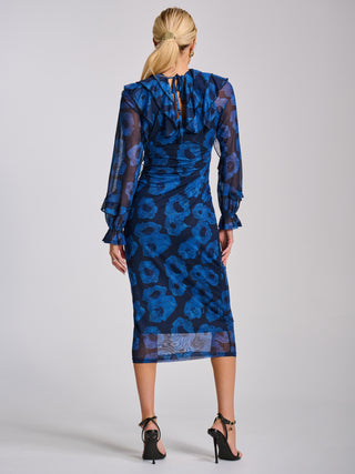 Long Sleeve Ruffle Detail Mesh Bodycon Dress, Blue Abstract