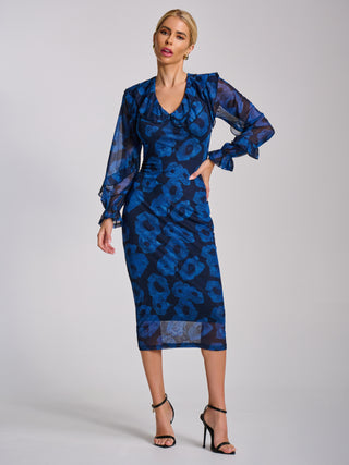 Long Sleeve Ruffle Detail Mesh Bodycon Dress, Blue Abstract