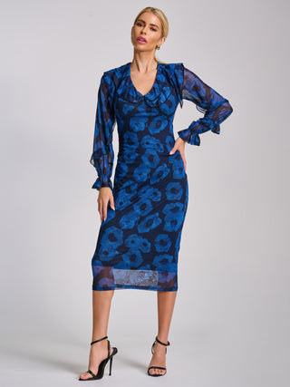 Long Sleeve Ruffle Detail Mesh Bodycon Dress, Blue Abstract