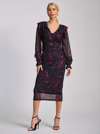 Long Sleeve Ruffle Detail Mesh Bodycon Dress, Fuchsia Abstract