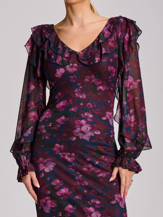 Long Sleeve Ruffle Detail Mesh Bodycon Dress, Pink Floral