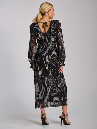 Ruffle V Neck Long Sleeve Mesh Midaxi Dress, Black Abstract