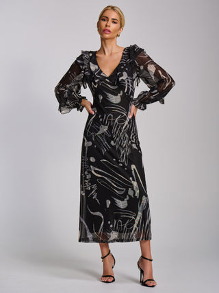Ruffle V Neck Long Sleeve Mesh Midaxi Dress, Black Abstract