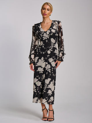 Ruffle V Neck Long Sleeve Mesh Midaxi Dress, Black Floral