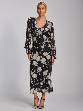 Ruffle V Neck Long Sleeve Mesh Midaxi Dress, Black Floral
