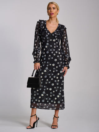 Ruffle V Neck Long Sleeve Mesh Midaxi Dress, Black Polka Dot