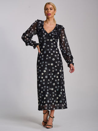 Ruffle V Neck Long Sleeve Mesh Midaxi Dress, Black Polka Dot