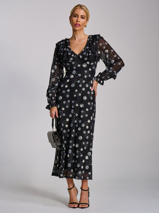 Ruffle V Neck Long Sleeve Mesh Midaxi Dress, Black Polka Dot