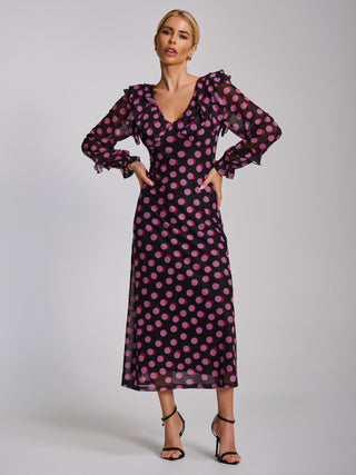 Ruffle V Neck Long Sleeve Mesh Midaxi Dress, Fuchsia Polka Dot