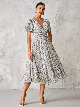 Frill Hem Chiffon Midi Dress, Purple Animal