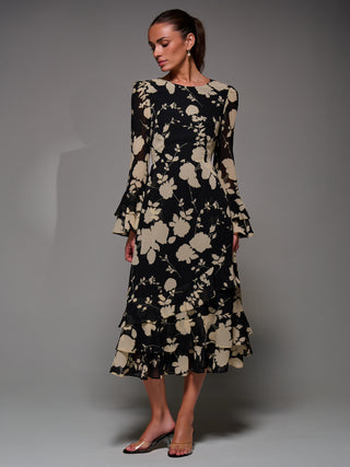 Long Sleeve Frill Chiffon Midaxi Dress, Black Floral