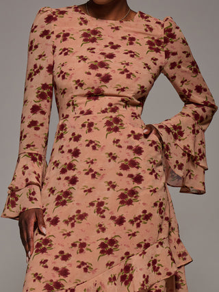 Long Sleeve Frill Chiffon Midaxi Dress, Coral Floral