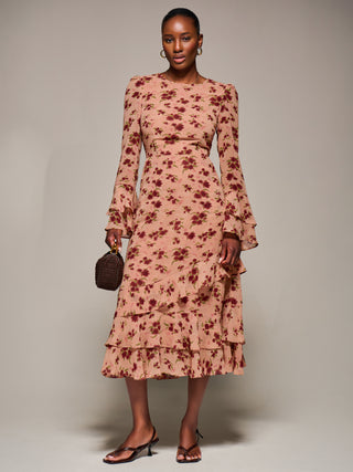 Long Sleeve Frill Chiffon Midaxi Dress, Coral Floral