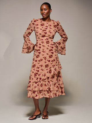 Long Sleeve Frill Chiffon Midaxi Dress, Coral Floral
